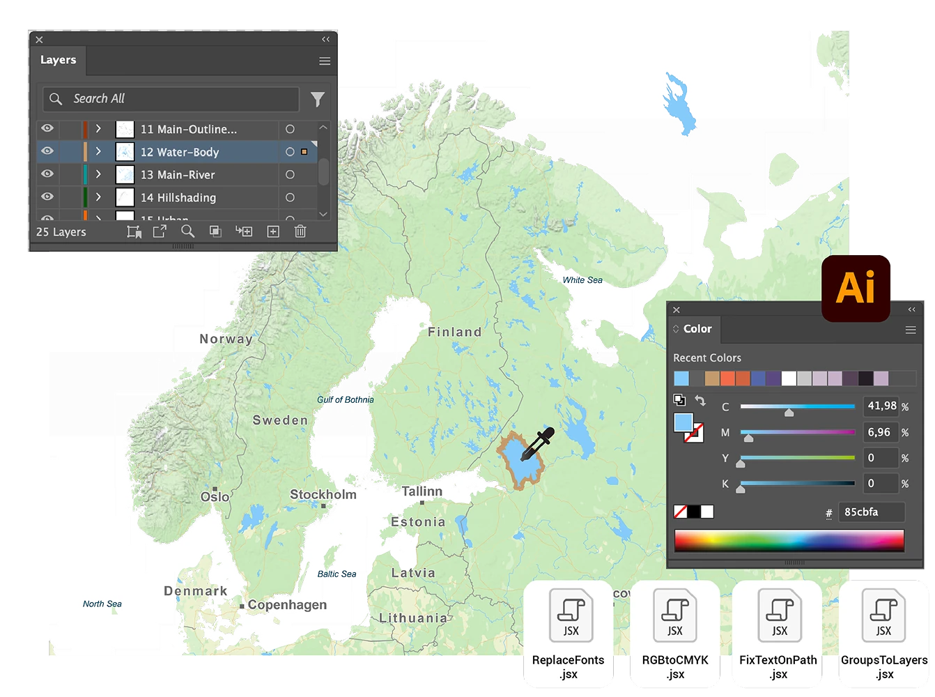 A detailed vector map of Northern Europe displayed in Adobe Illustrator, with layers, color controls, and scripts visible for editing map elements.