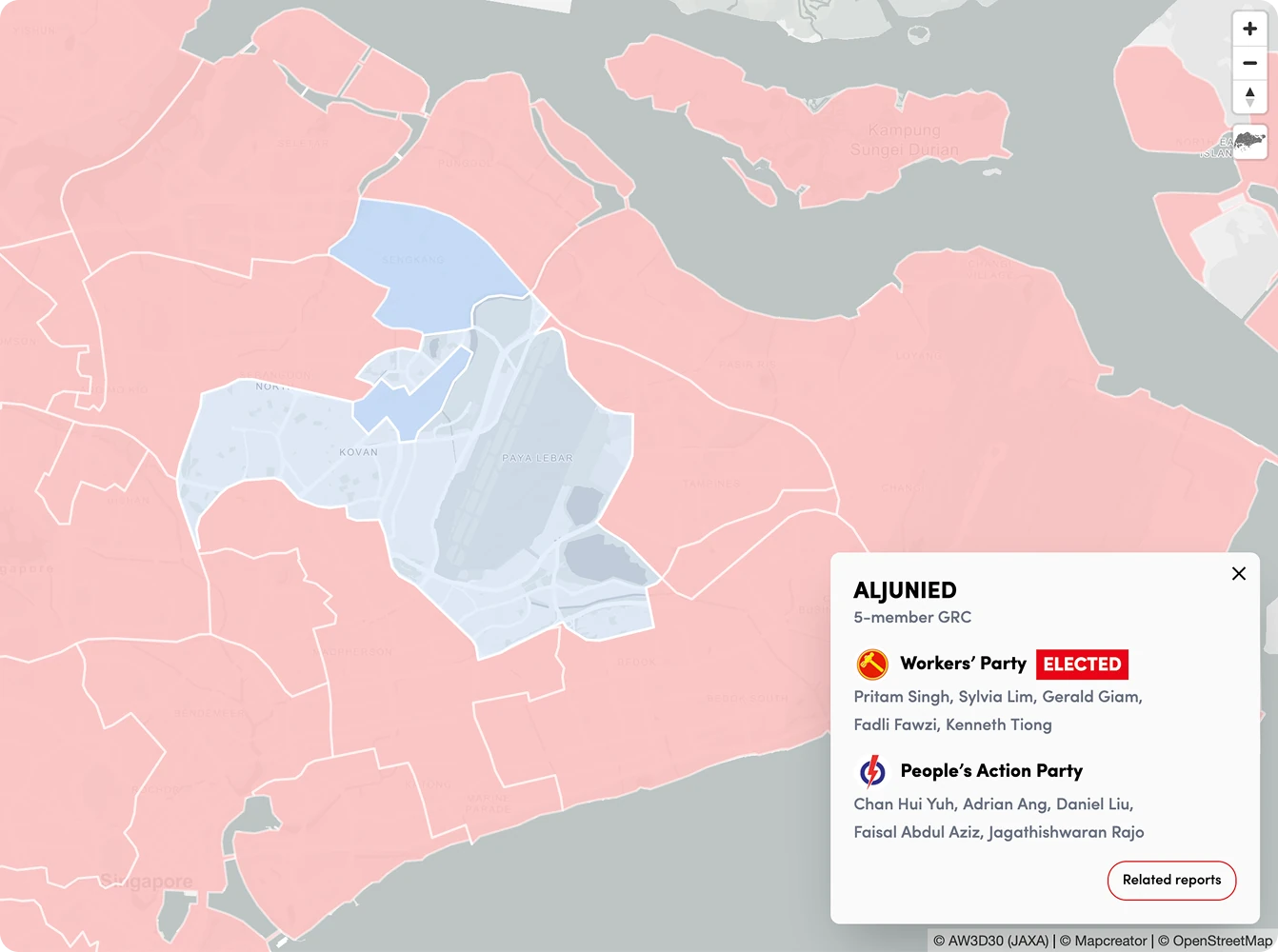 Interactive election map displaying district boundaries shaded by party results, with a pop-up showing elected representatives and party details for a selected area.