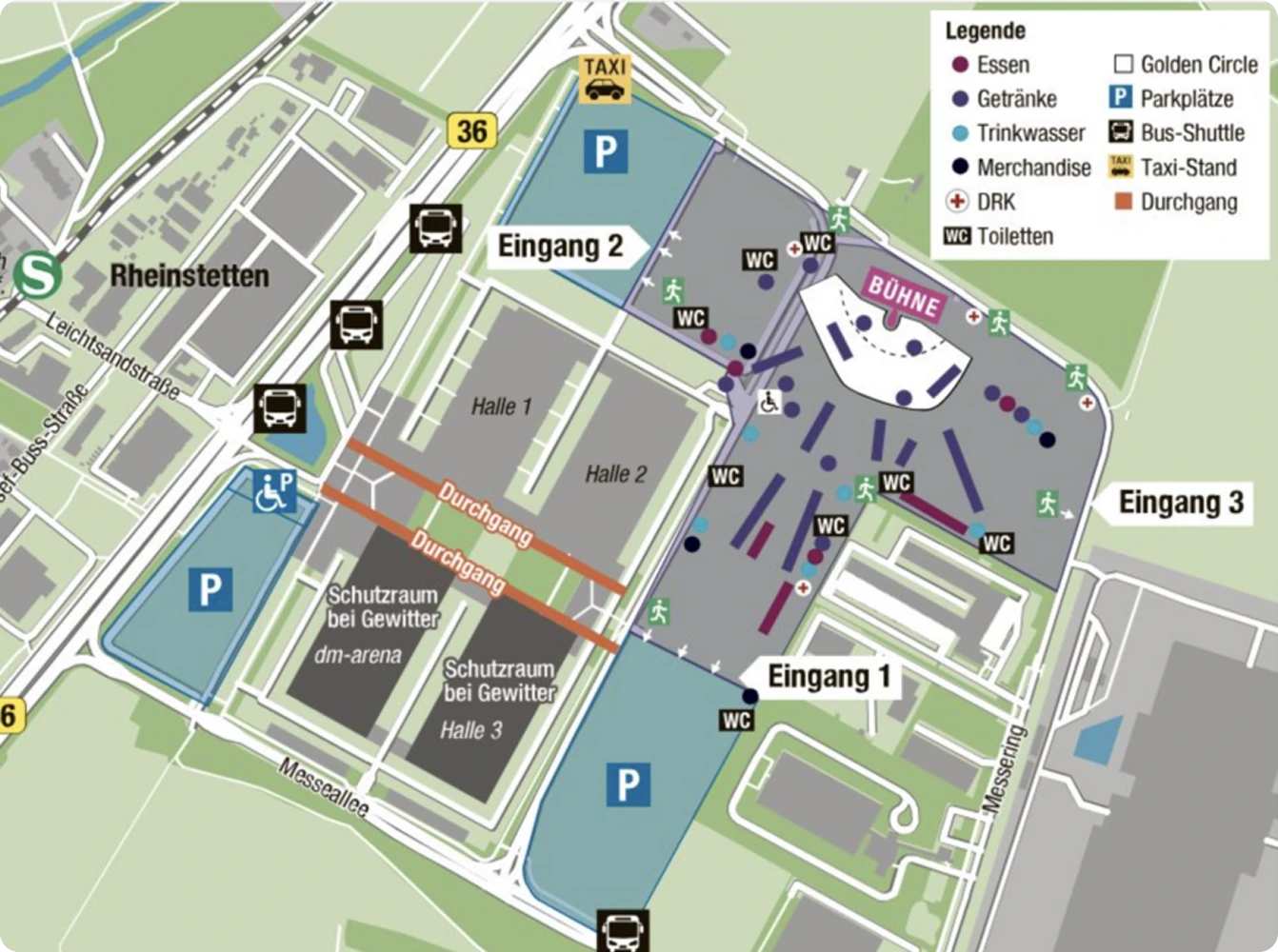 A detailed venue map showing halls, entrances, parking areas, taxi stands, restrooms, food, merchandise, and emergency facilities, with pathways and access points clearly marked.