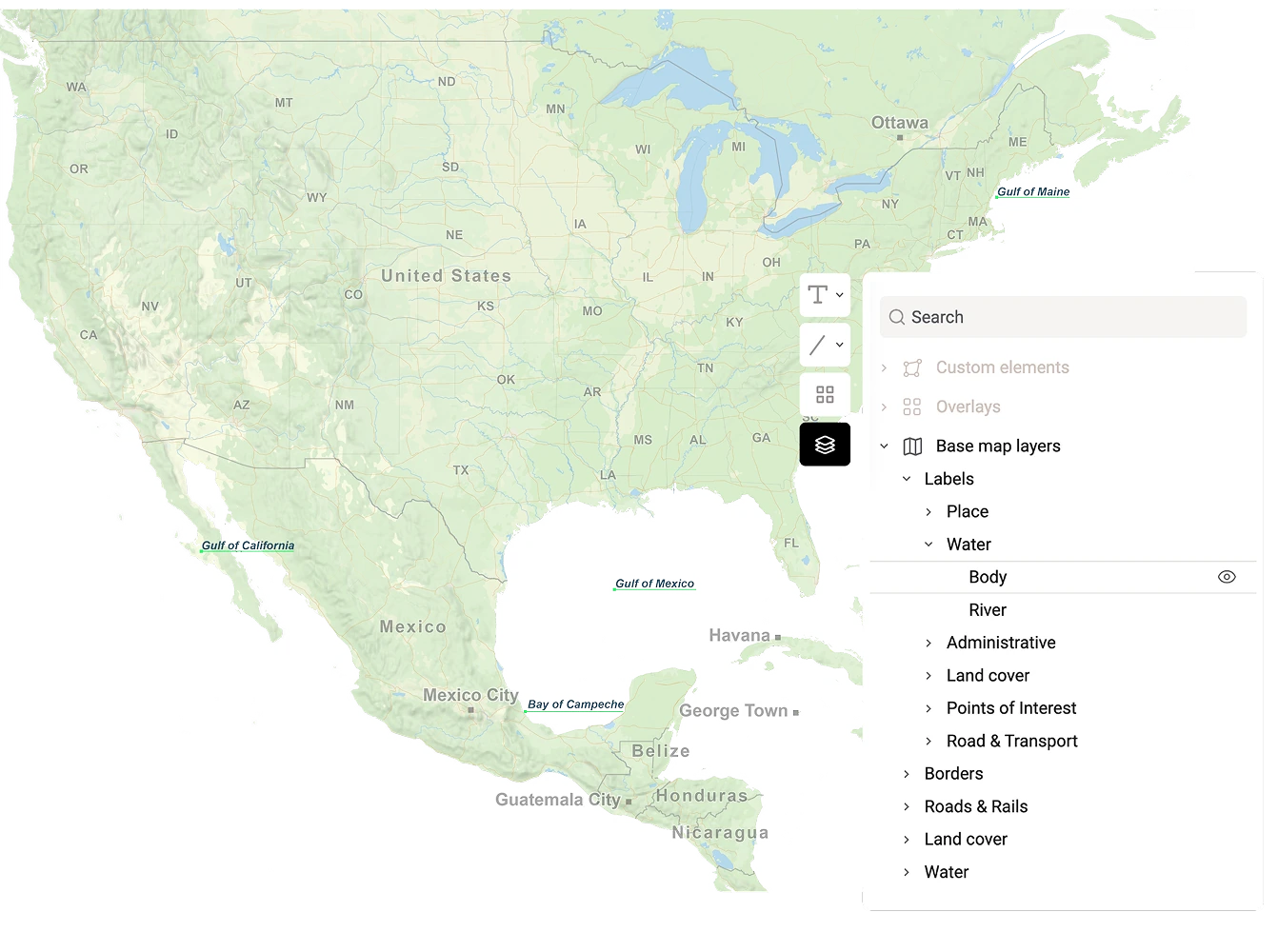 A map of North and Central America with an open layer control panel, showing toggles for labels, borders, land cover, water, and roads.