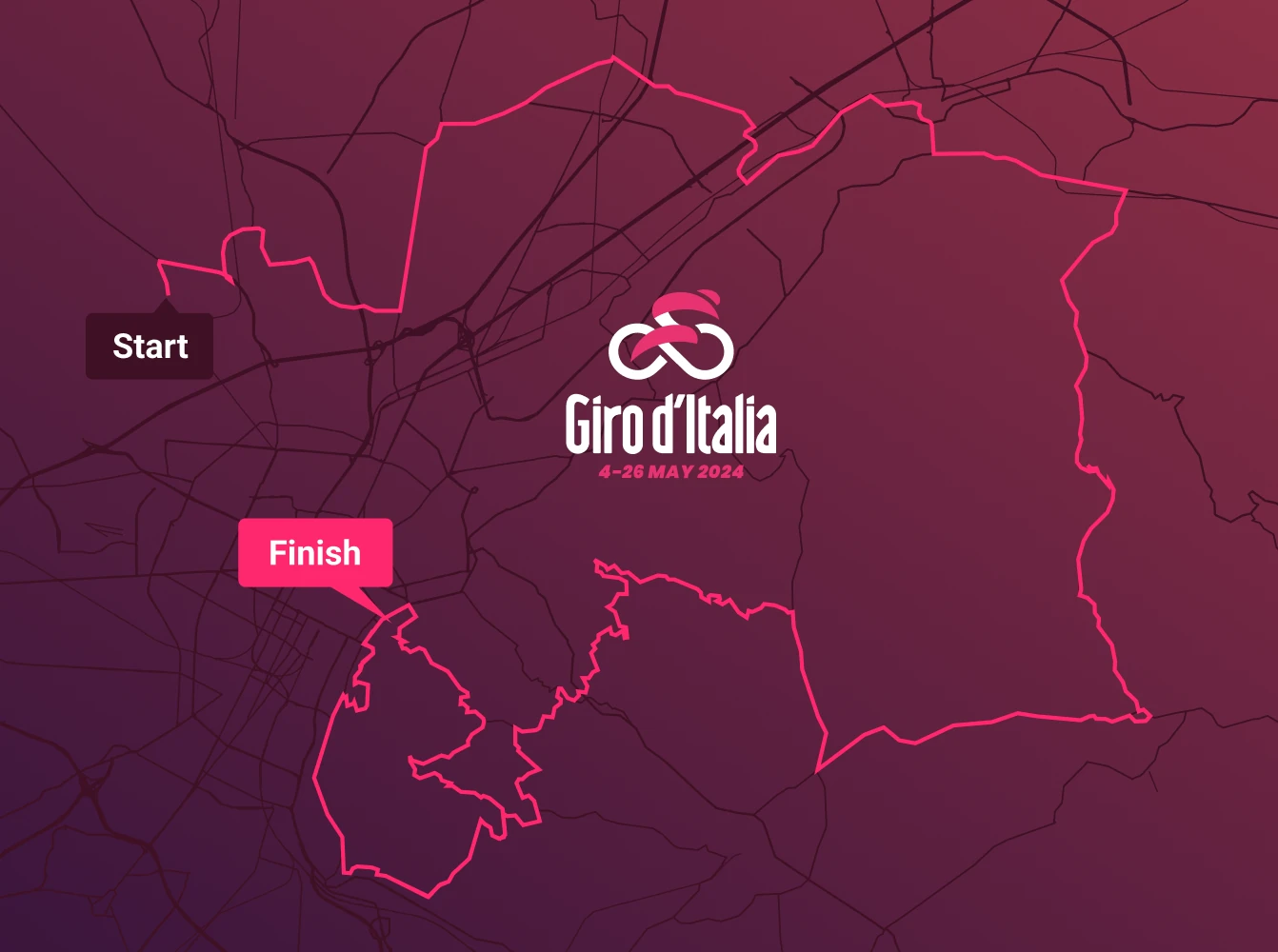 A stylized dark-toned map graphic showing a race route with start and finish points, branded for the Giro d’Italia cycling event.