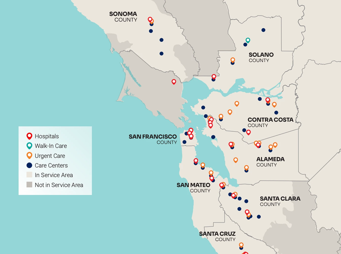 A regional map of the San Francisco Bay Area displaying hospitals, urgent care centers, walk-in clinics, and service coverage areas using colored location markers and county labels.