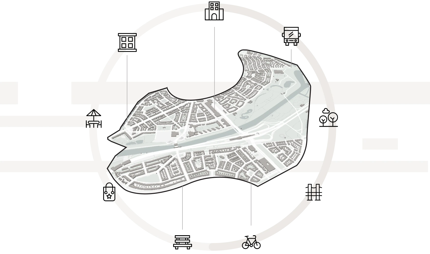 A stylized city map displayed inside a circular frame, showing streets, blocks, and green areas over a dark background with geometric lines and symbols.