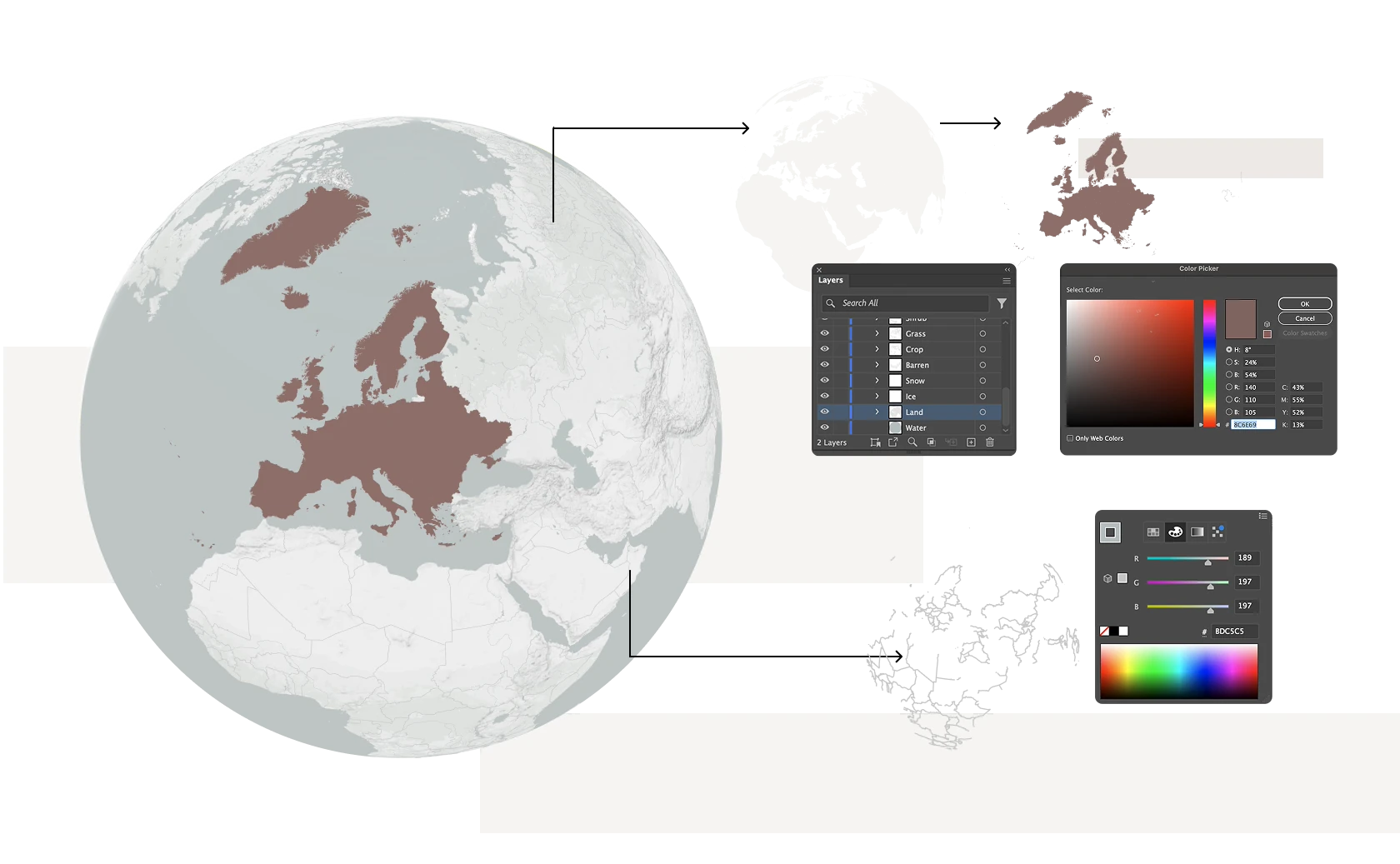 A globe-style map centered on Europe with land areas recolored, shown alongside design tool panels for layers and color selection.