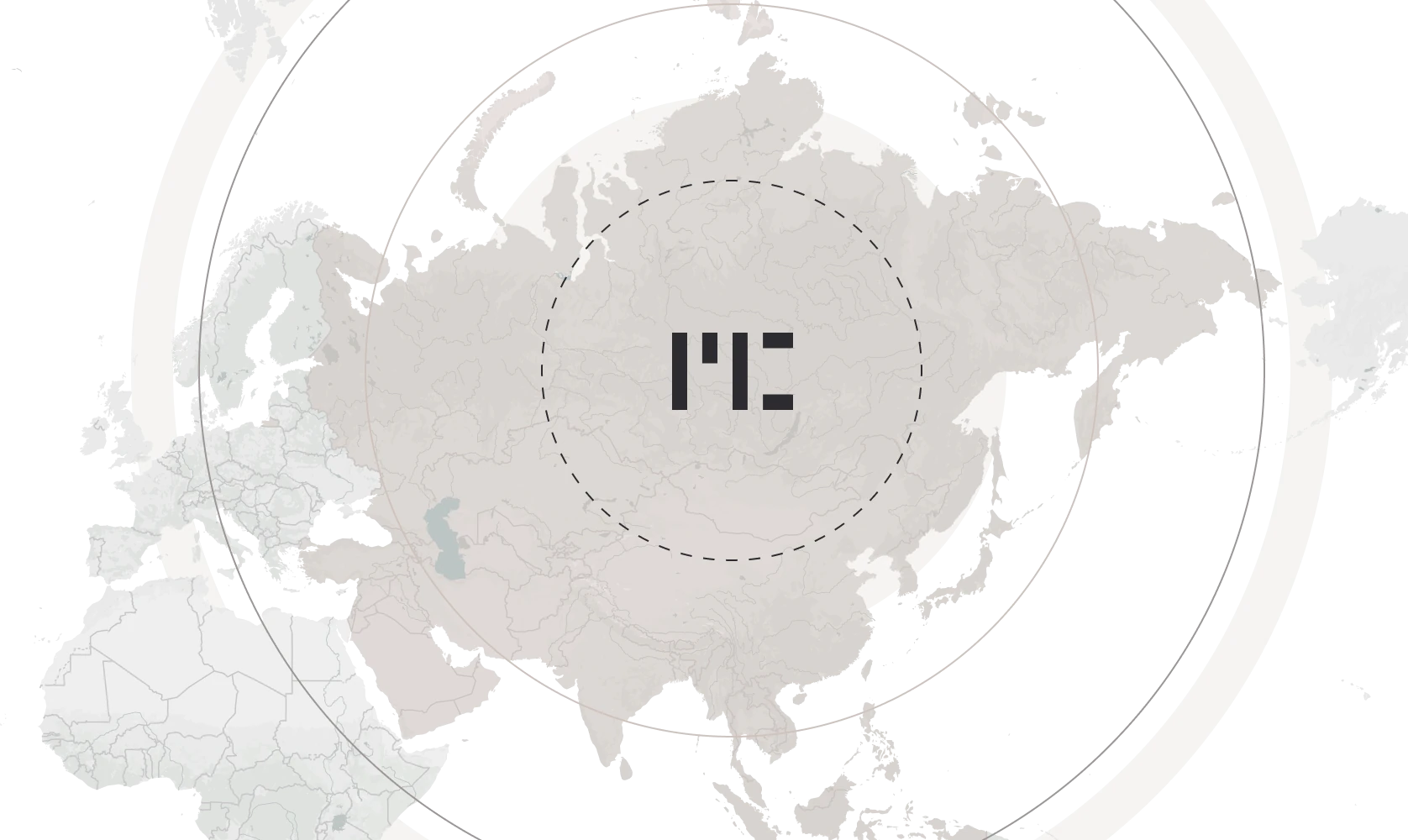 A stylized world map focused on Asia, shown against a black background with concentric circular rings radiating outward from a central point, suggesting an impact or influence zone across the region.