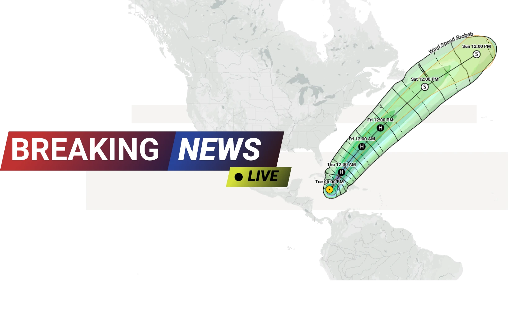 Breaking news graphic showing a hurricane’s projected path across the Atlantic Ocean, with time markers and wind probability zones.