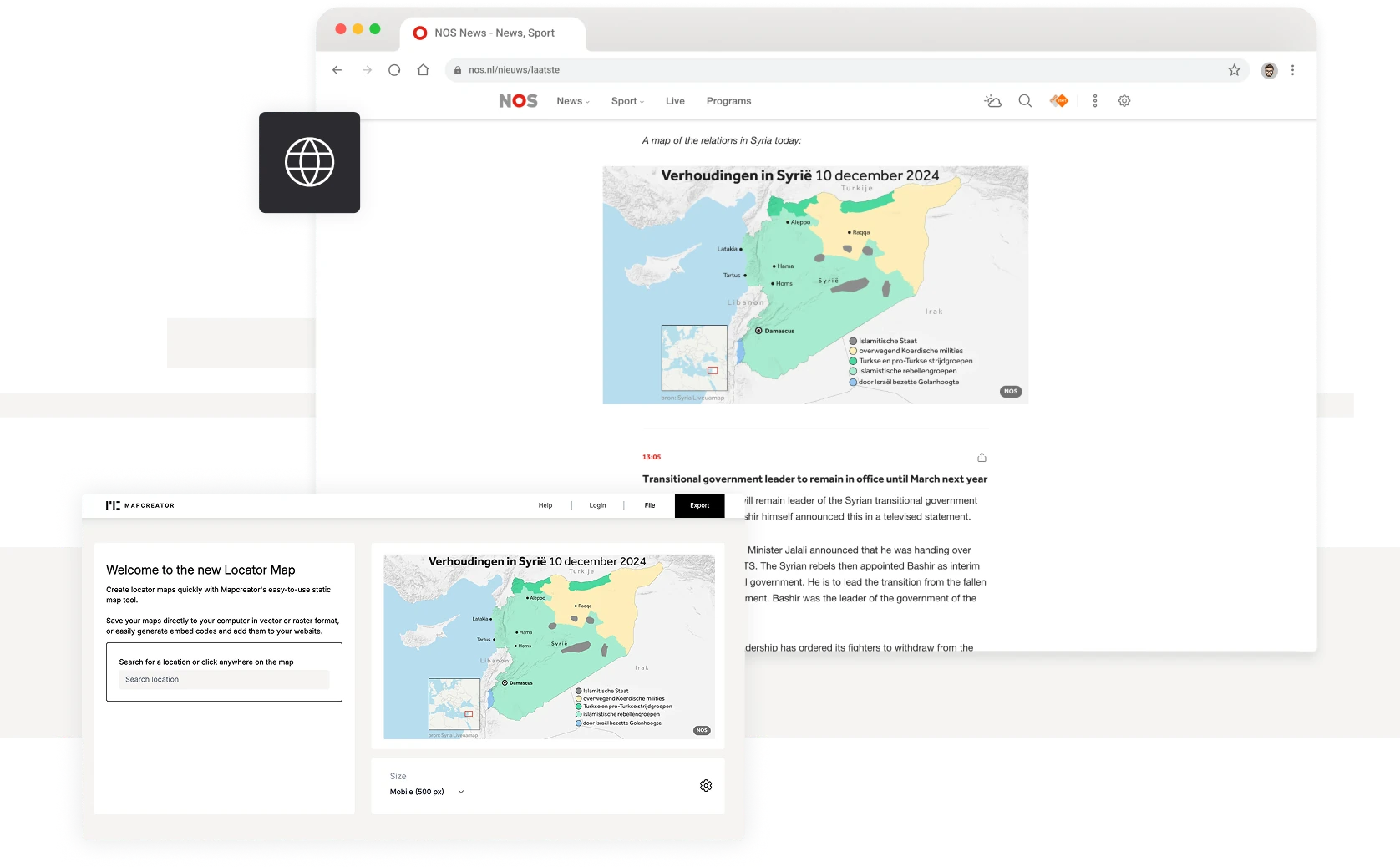 A news website page displaying an interactive map of Syria showing territorial control and relationships, with surrounding article text and map editing interface elements visible.