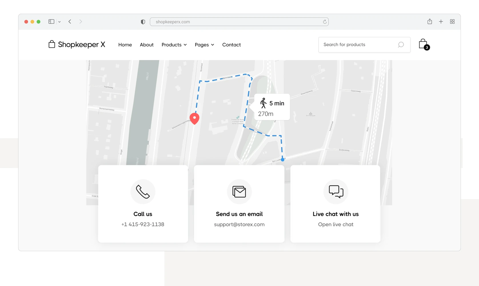 An e-commerce website page featuring an embedded map with a short walking route to a location, along with contact options such as phone, email, and live chat.
