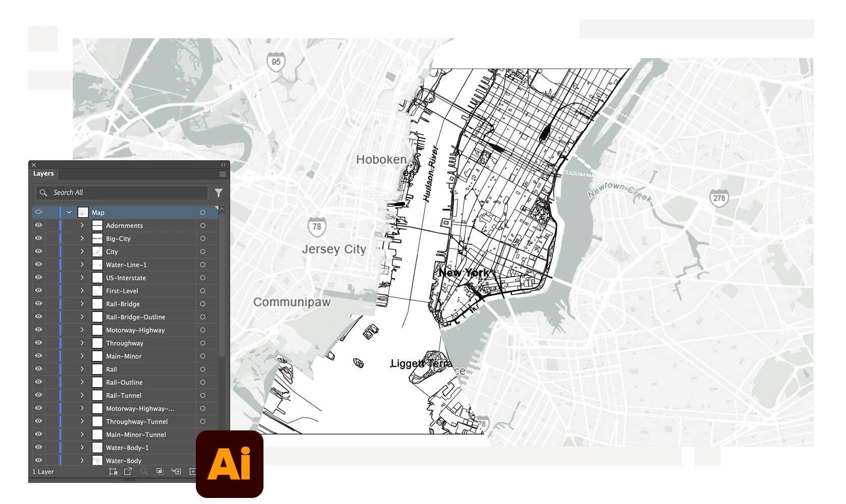 Detailed vector street map of New York City overlaid on a base map, with an Illustrator Layers panel highlighting roads, rails, water, and city layers.