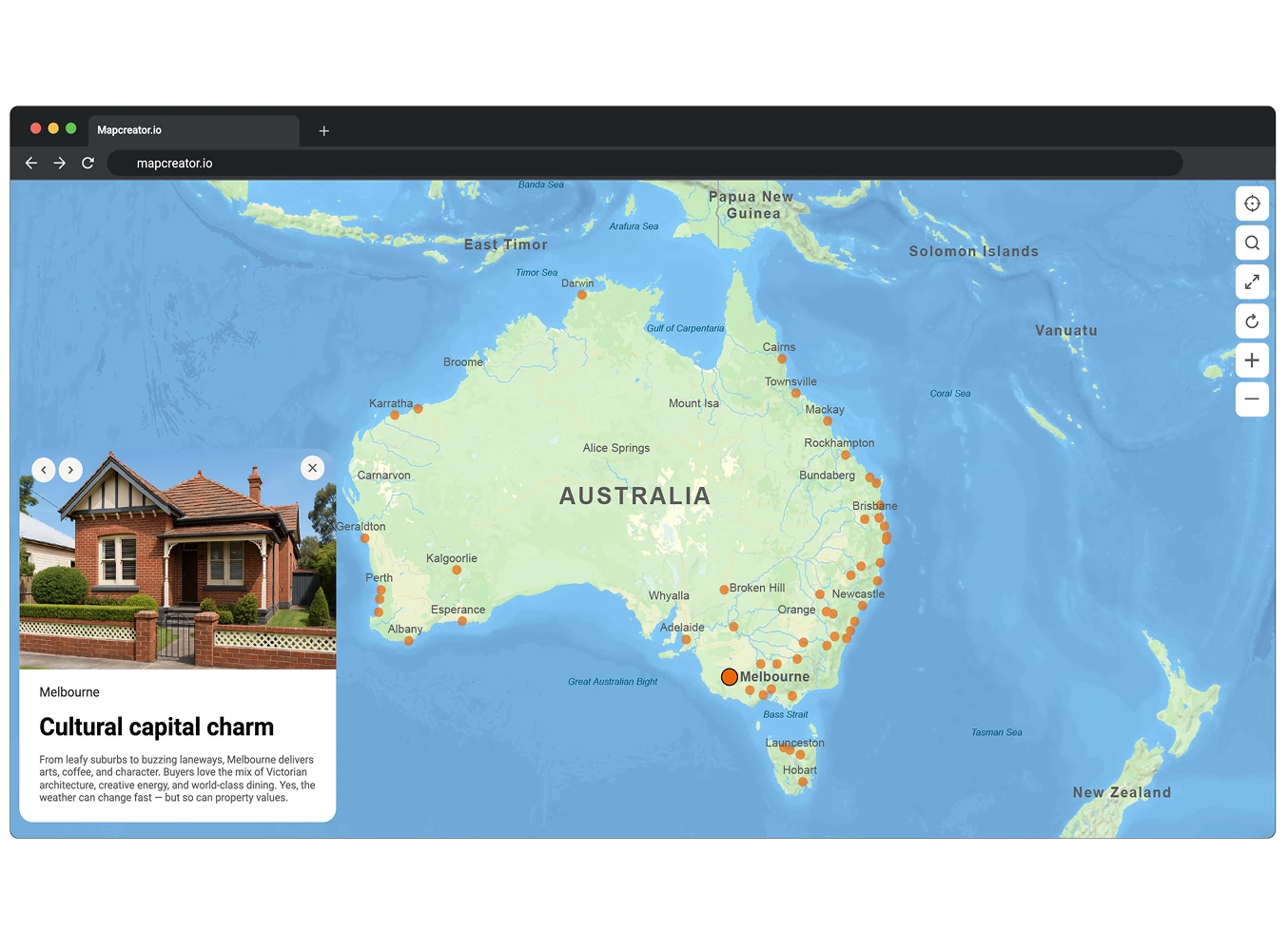 An interactive map of Australia with multiple city markers, showing a pop-up card featuring a photo and description of Melbourne alongside a zoomable map interface.
