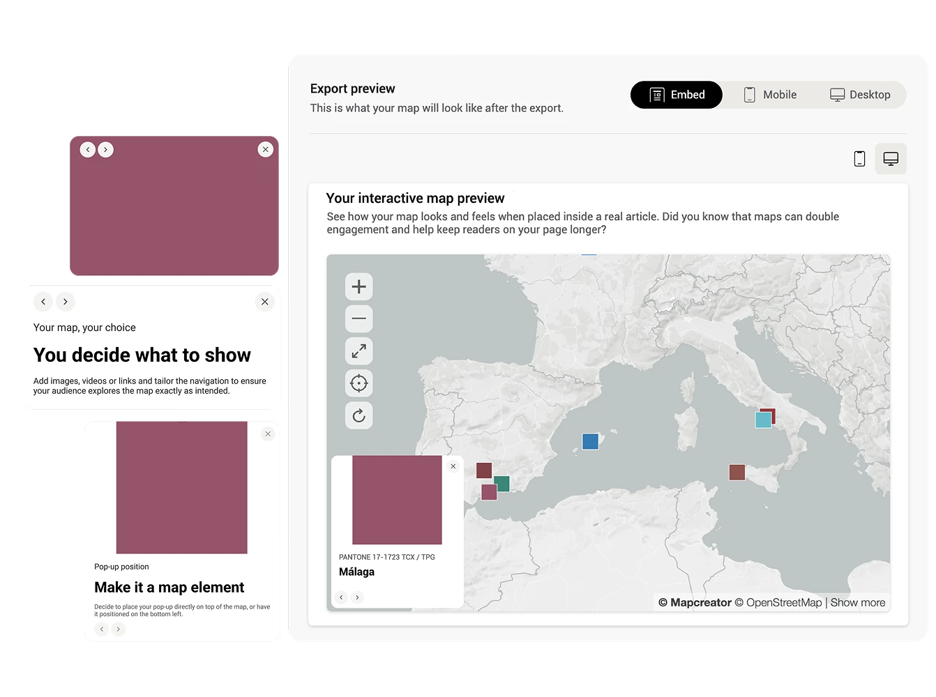 Screenshot of an interactive map preview embedded in a news article layout, showing selectable locations around the Mediterranean with pop-up cards and navigation controls.