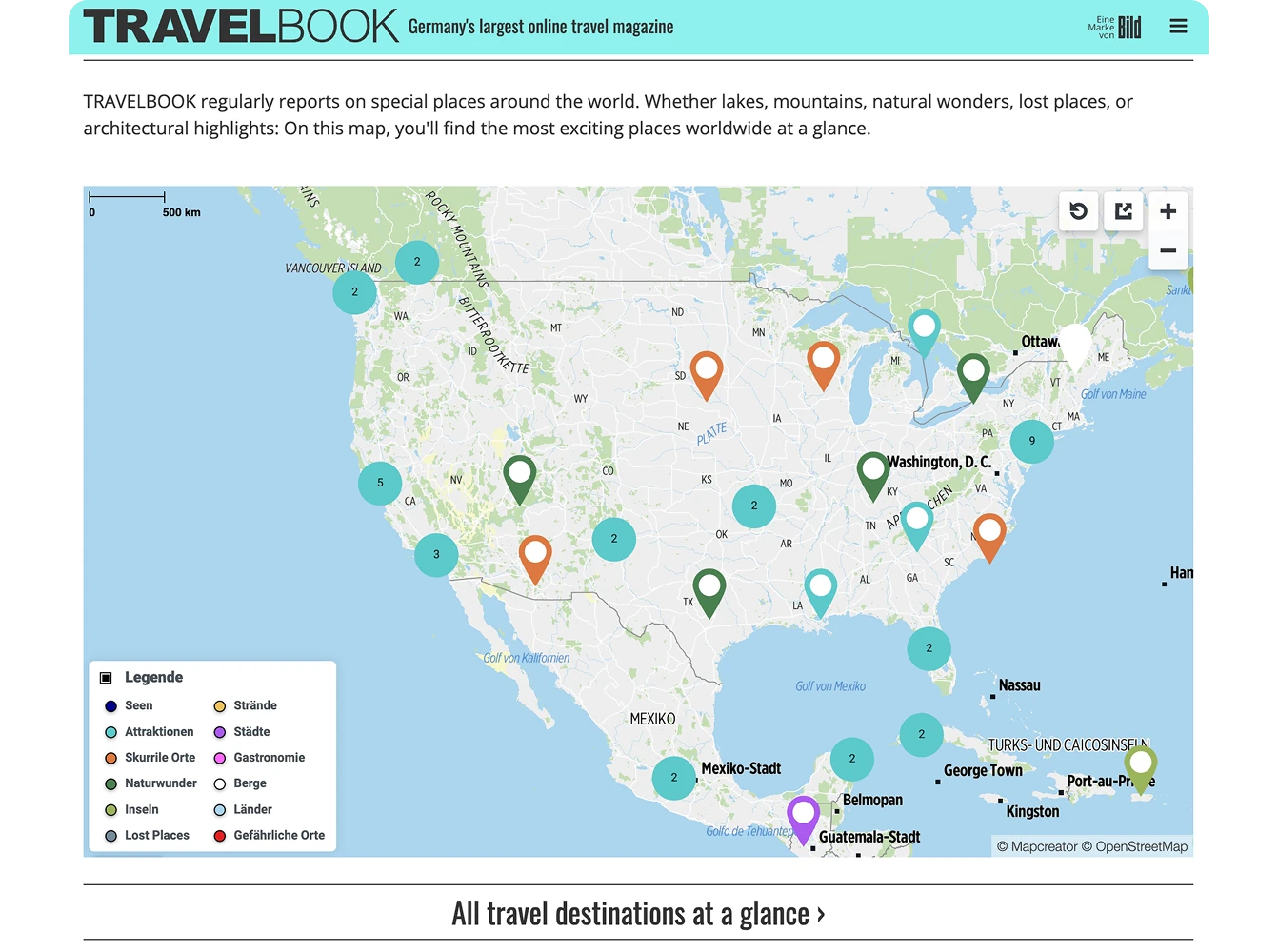 A web-based map interface displaying travel destinations across North America, marked with colored pins representing categories such as attractions, cities, nature spots, and hidden locations.