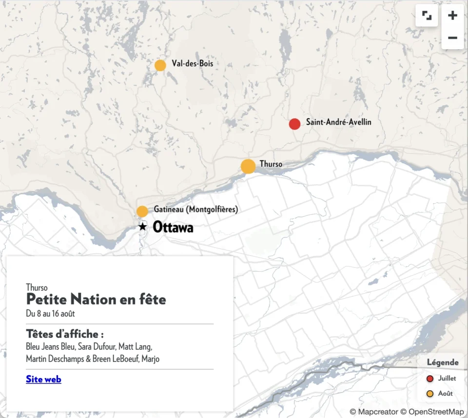 Map of the Ottawa region showing nearby towns and event locations with highlighted points and a popup for a festival in Thurso with dates and performers