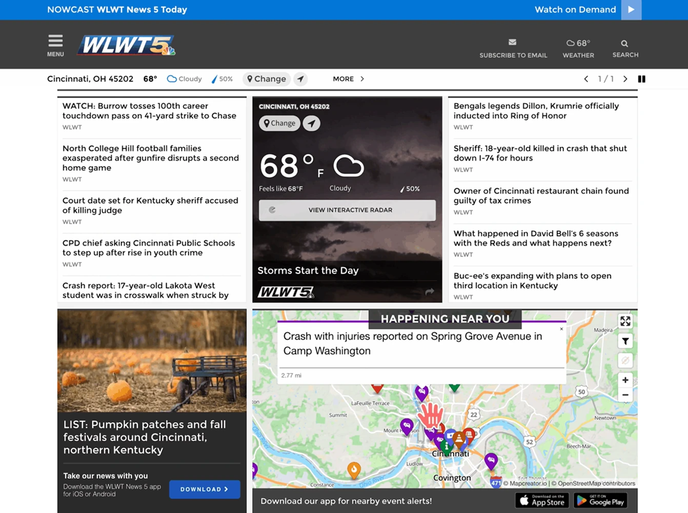 A local news homepage displaying headlines alongside an interactive map showing nearby incidents with colored location markers in the Cincinnati area.