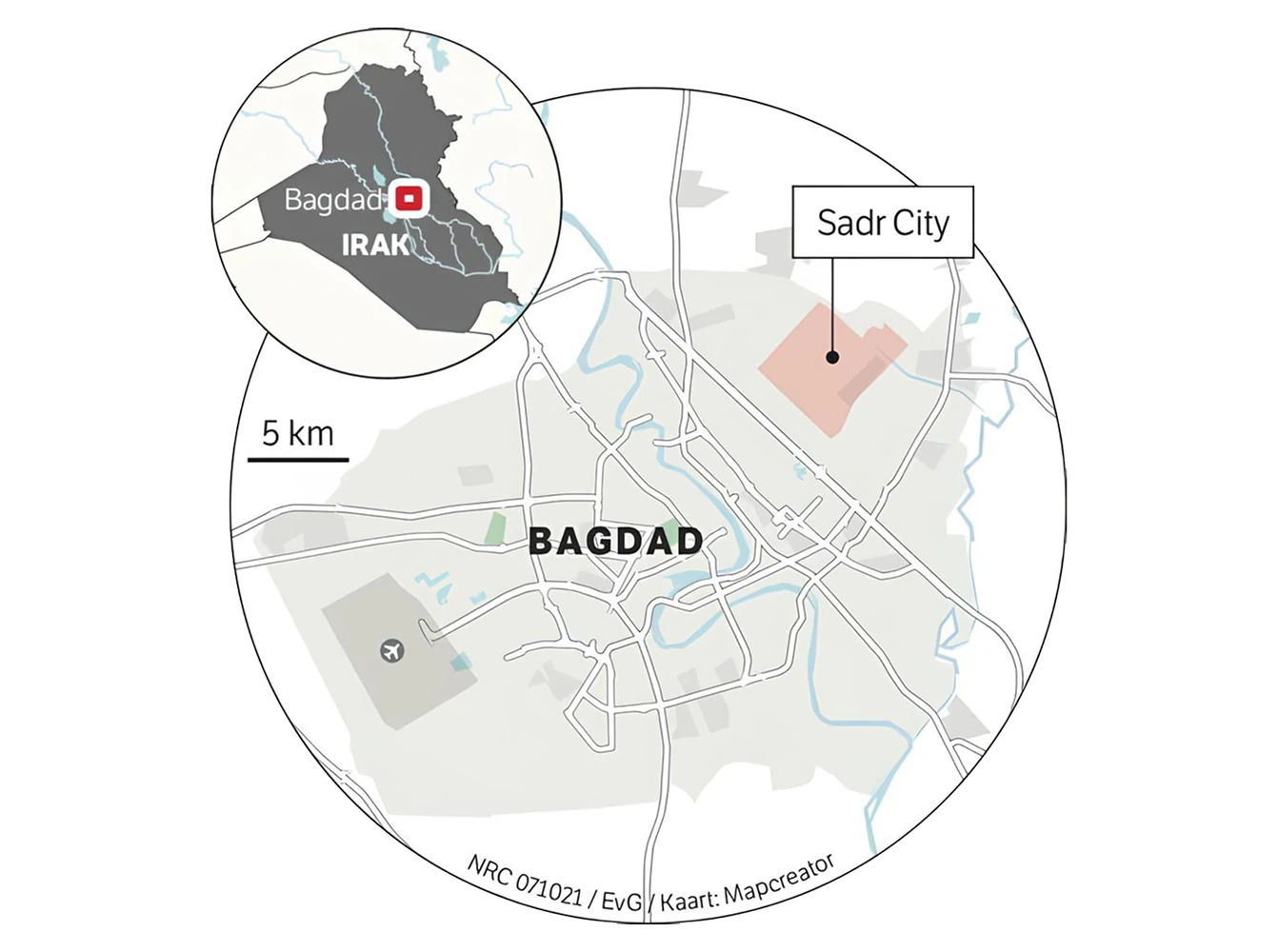 A city map of Baghdad with major roads and rivers shown, highlighting the Sadr City district and including an inset map locating Baghdad within Iraq.