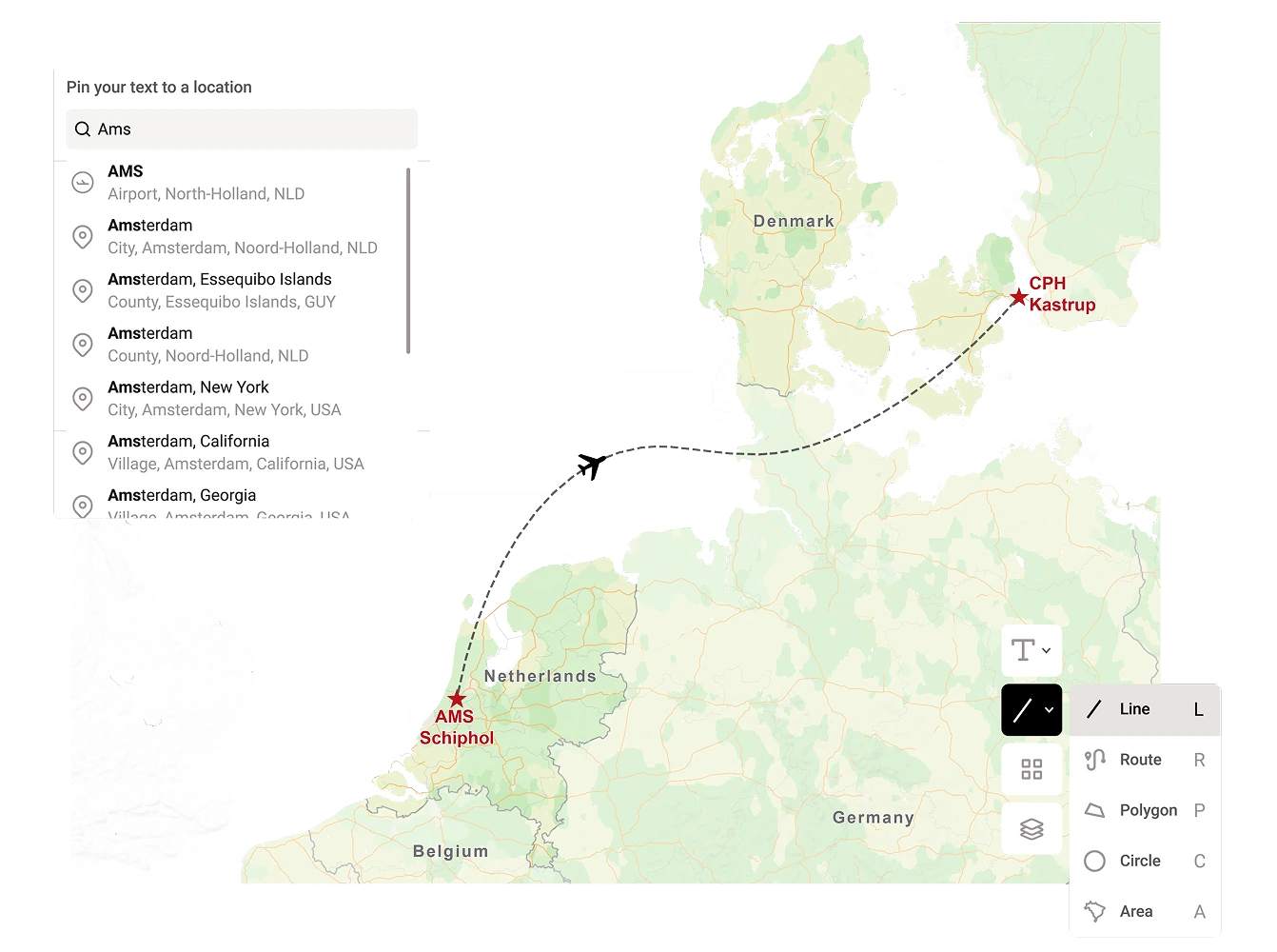 A map editing interface showing a location search panel for Amsterdam and nearby places, with drawing tools for routes, lines, polygons, circles, and areas over a map of Northern Europe.