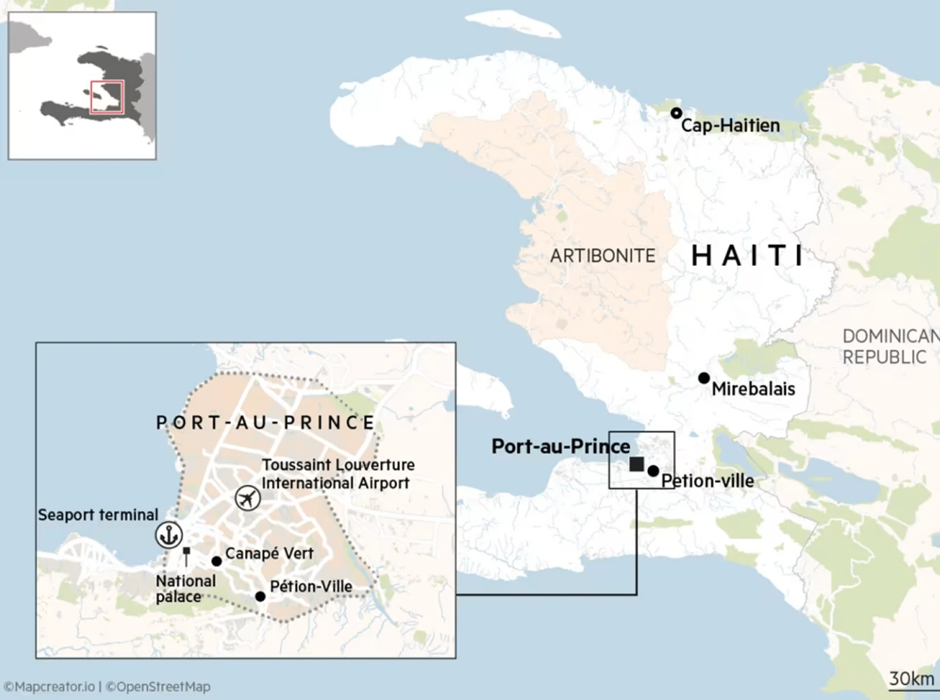 Map of Haiti highlighting major cities and regions, with an inset zoom showing Port-au-Prince, including the national palace, seaport terminal, and Toussaint Louverture International Airport.