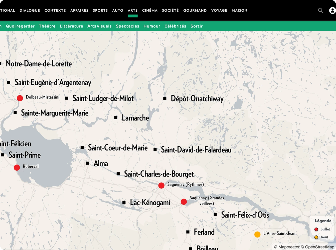 Regional map of Saguenay–Lac-Saint-Jean in Quebec highlighting towns and event locations with red markers, including Alma, Roberval, and Saguenay.