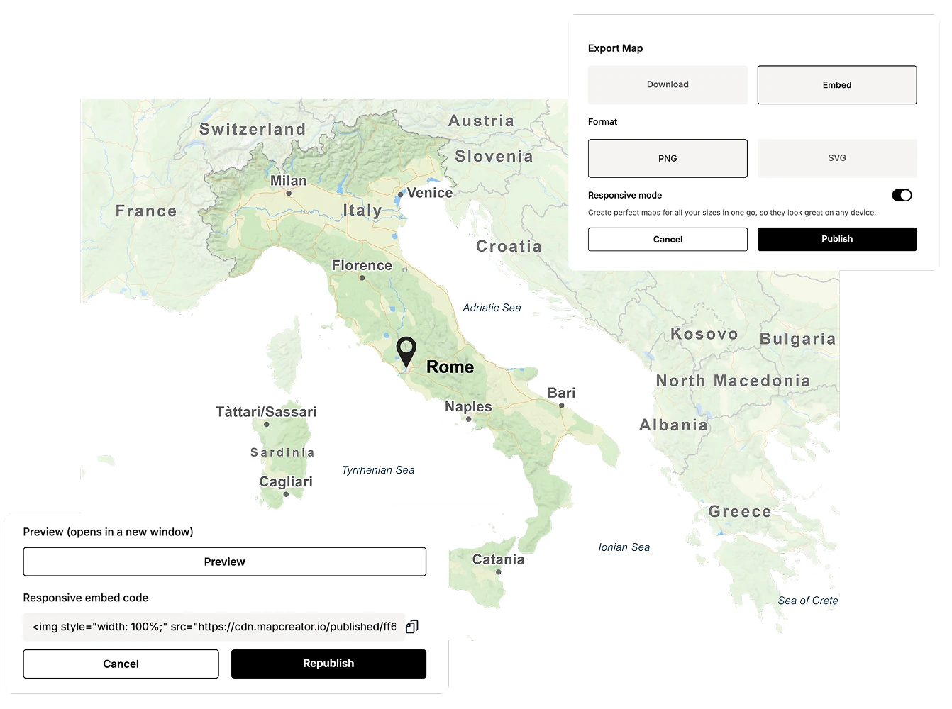 A map publishing interface showing options to export a map as PNG or SVG, enable responsive mode, preview the result, and generate embed code.