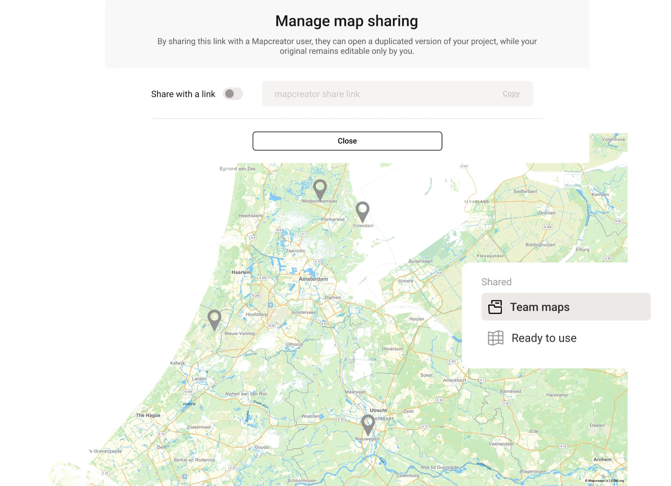 A web interface displaying a map of the Netherlands with an overlay for managing map sharing, including options to generate a shareable link and access team maps.