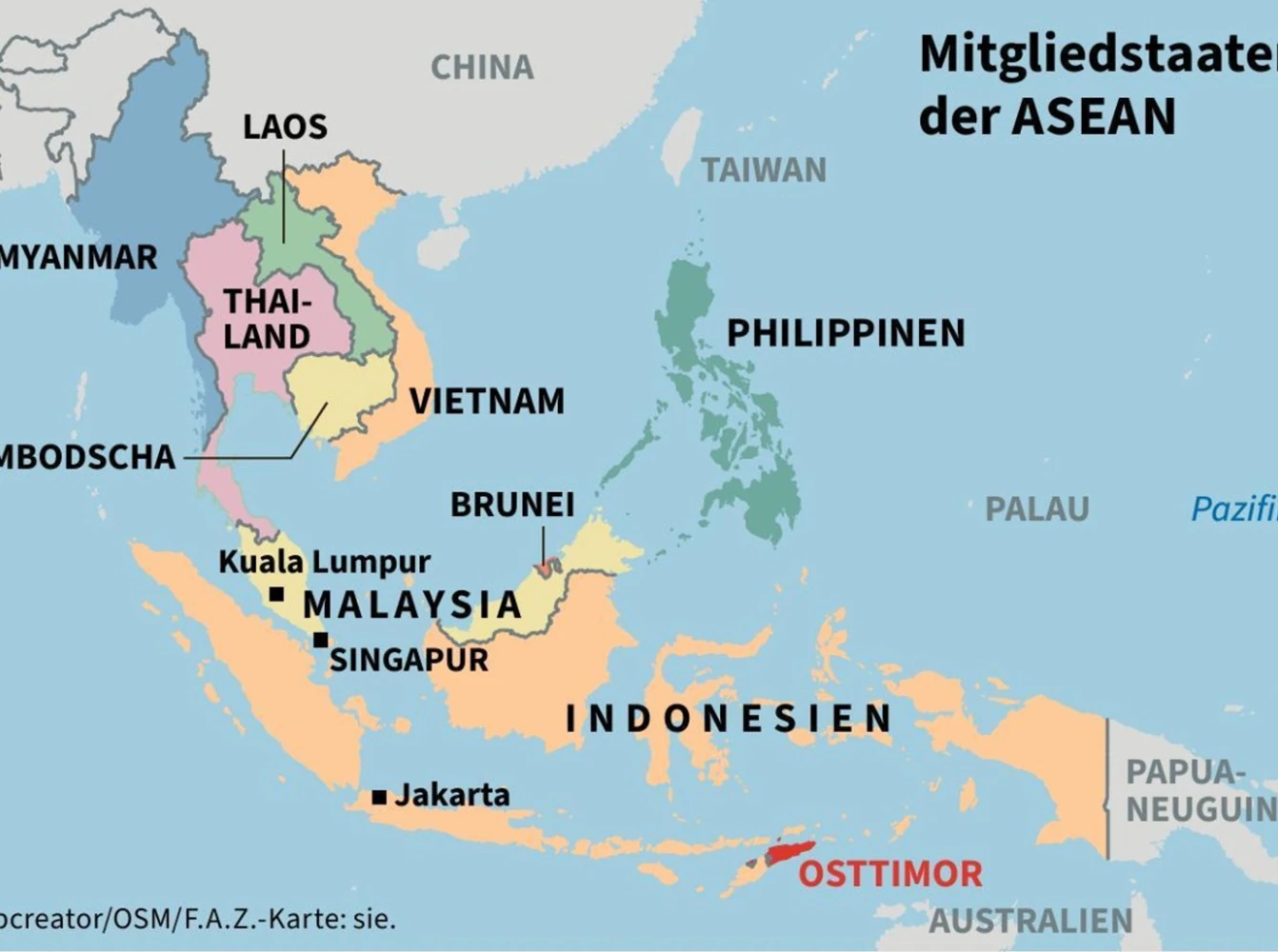 A political map of Southeast Asia highlighting ASEAN member countries, with national borders, country names, and surrounding regions labeled in German.