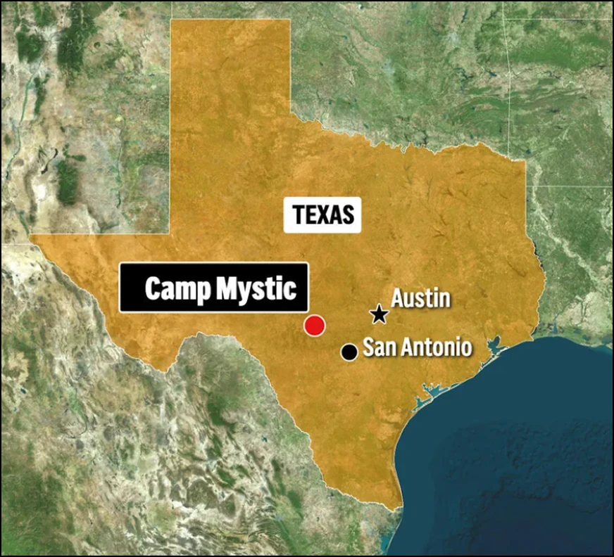 A satellite map of Texas highlighting the location of Camp Mystic, with nearby cities such as Austin and San Antonio labeled.