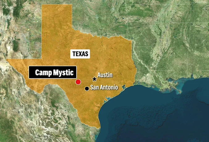 A satellite map of Texas highlighting the location of Camp Mystic, with nearby cities such as Austin and San Antonio labeled.
