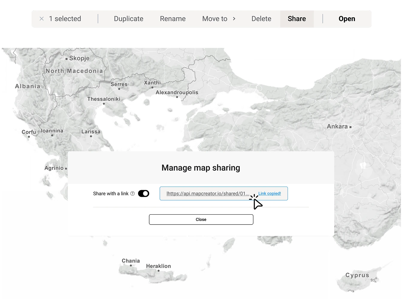 A map editor view showing southern Europe and Turkey with a modal window labeled “Manage map sharing,” including a toggle to share via link and a highlighted URL being copied.