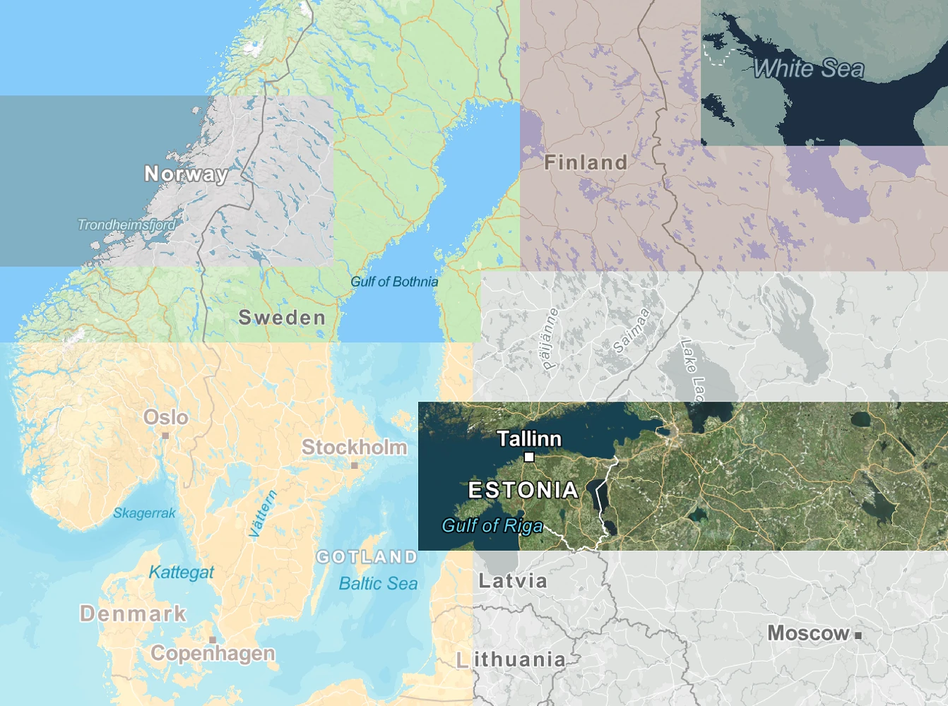 A map of Northern Europe with layered styling that highlights Tallinn, Estonia, over surrounding regions including Sweden, Finland, and the Baltic Sea.