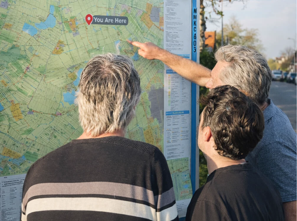 the Mapcreator team discussing a map at a team event biking trip