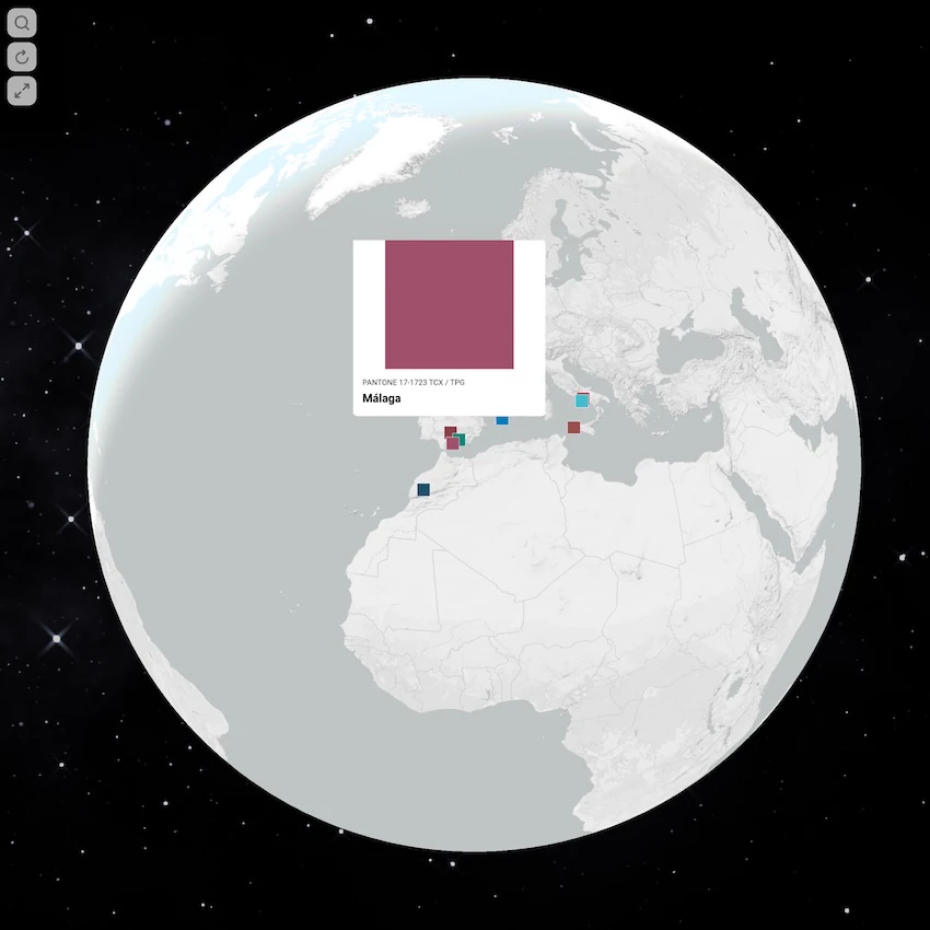 3D globe centered on Europe and North Africa highlighting Málaga with a color swatch, alongside other locations marked with different color samples