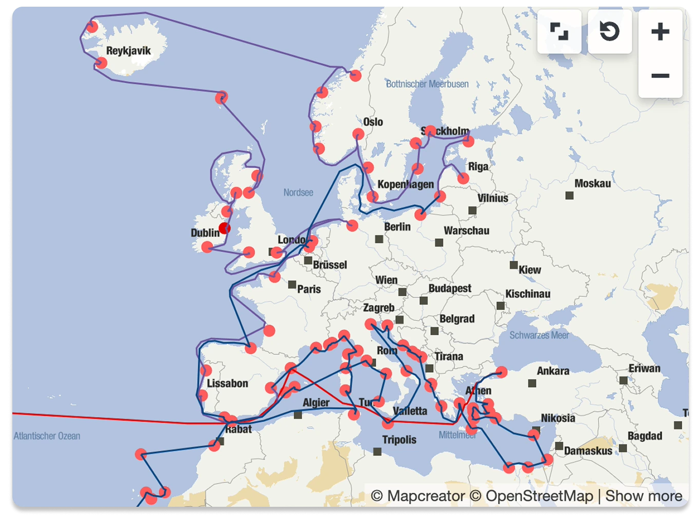 Map showing a connected travel route with stops marked across Europe and North Africa, including cities such as Reykjavik, London, Rome, Athens, and Rabat.