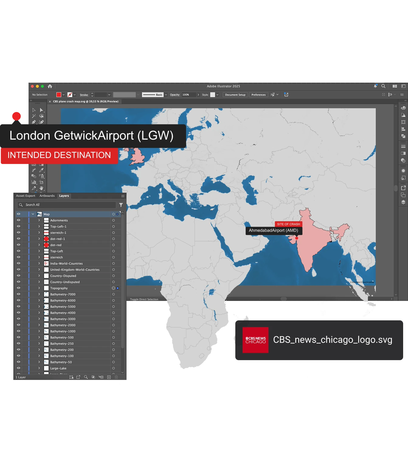 Adobe Illustrator workspace showing a broadcast-ready world map with labeled destinations, crash location, and a CBS News Chicago logo asset.