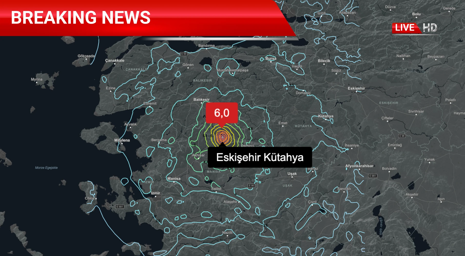 Breaking news graphic showing a map of western Turkey with earthquake intensity rings centered near Eskişehir–Kütahya, indicating a magnitude 6.0 earthquake.