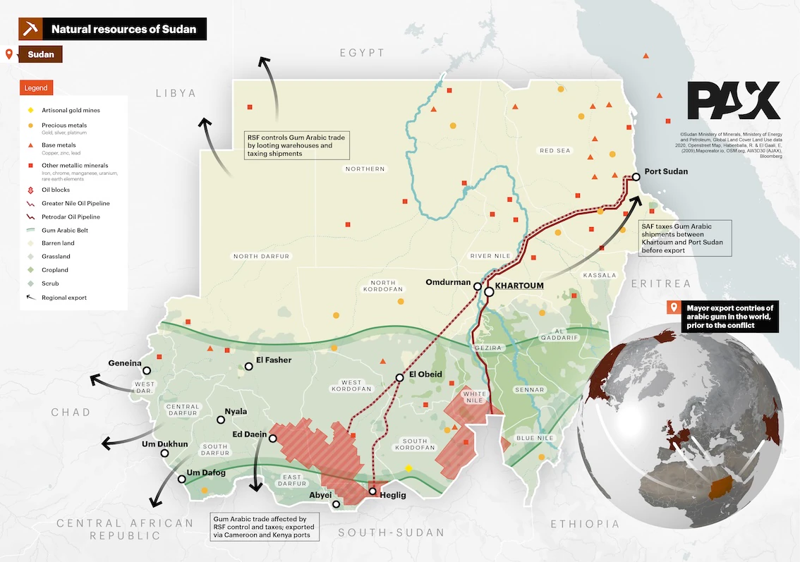 A thematic map of Sudan illustrating natural resources, export routes, and key cities, with symbols for minerals, pipelines, agricultural regions, and transport corridors.