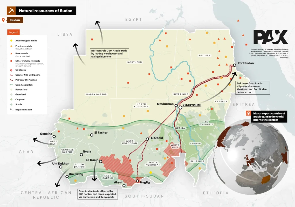 Eine thematische Karte des Sudan mit natürlichen Ressourcen, Exportrouten und wichtigen Städten, inklusive Symbolen für Mineralien, Pipelines, Agrarregionen und Transportkorridore.