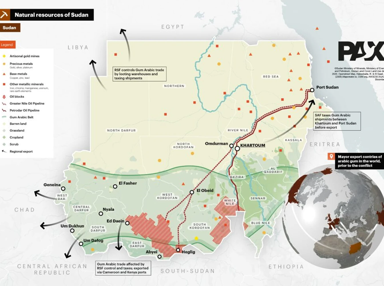 A thematic map of Sudan illustrating natural resources, export routes, and key cities, with symbols for minerals, pipelines, agricultural regions, and transport corridors.