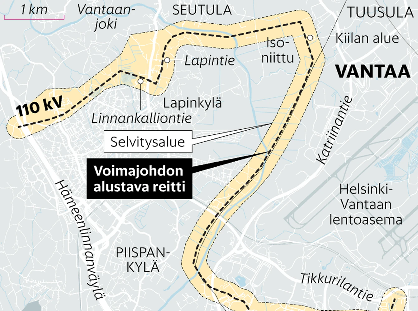 A regional map of Vantaa showing a proposed power line corridor, highlighted study areas, voltage information, and nearby roads, neighborhoods, and landmarks.