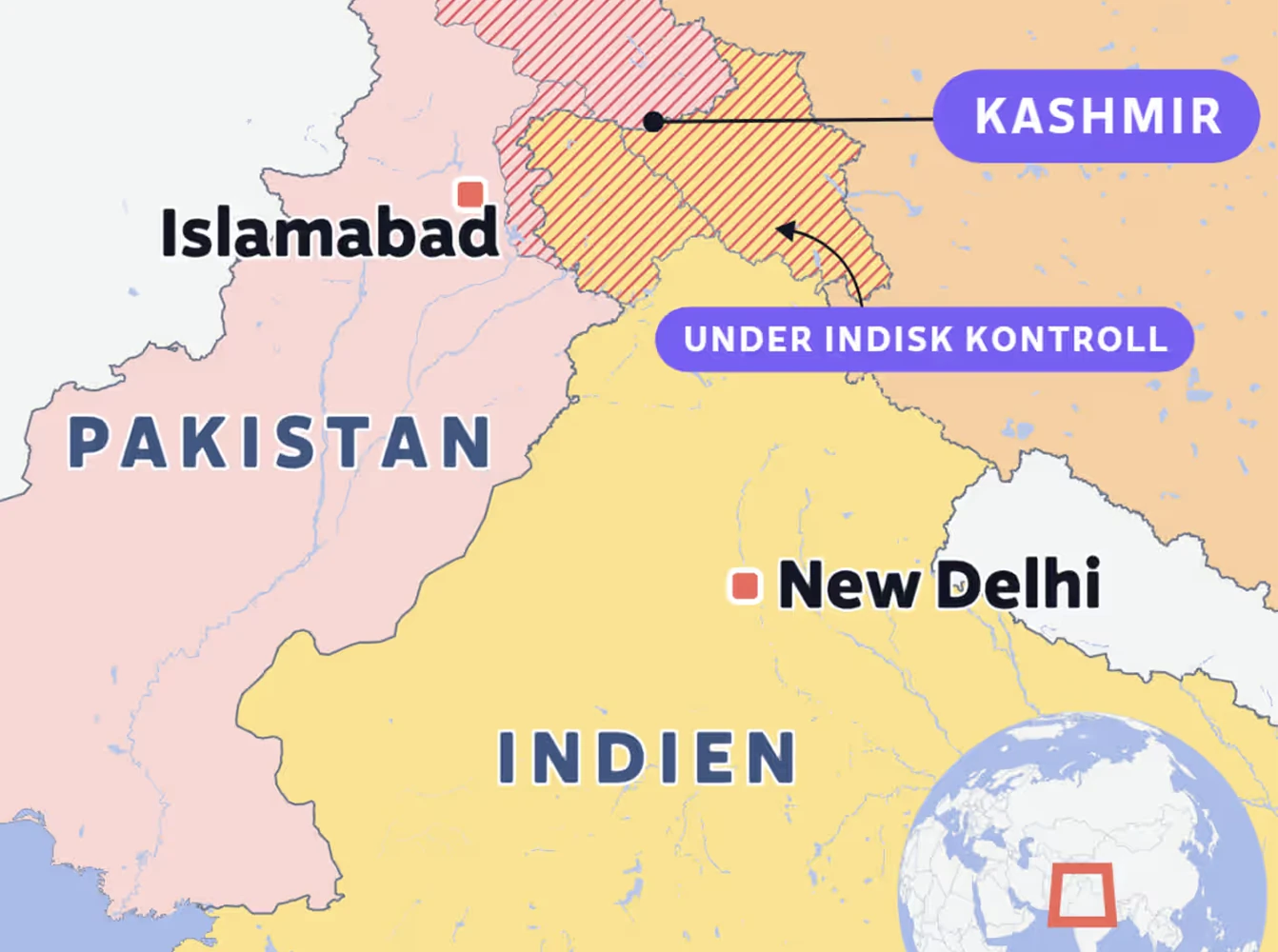 A political map showing India, Pakistan, and the Kashmir region, with areas marked to indicate control boundaries and major cities such as New Delhi and Islamabad.