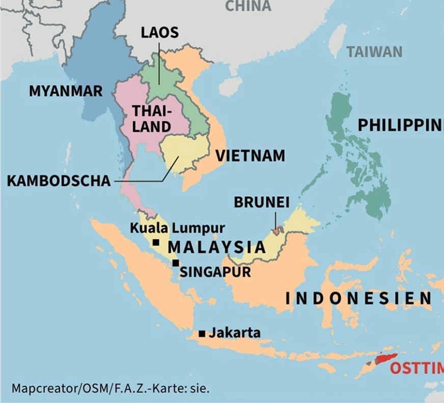Color-coded political map of Southeast Asia showing countries including Thailand, Vietnam, Malaysia, Indonesia, Myanmar, Laos, Cambodia, and the Philippines, with major cities such as Singapore, Kuala Lumpur, and Jakarta labeled.