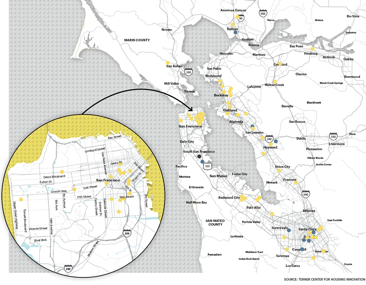 A regional map showing clusters of highlighted locations with an inset zoomed area, illustrating activity or housing density across parts of the San Francisco Bay Area.