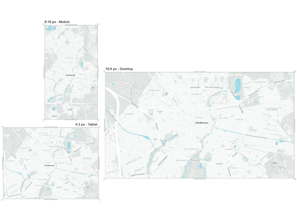 A comparison of the same city map displayed in different screen sizes for mobile, tablet, and desktop, demonstrating responsive map design.