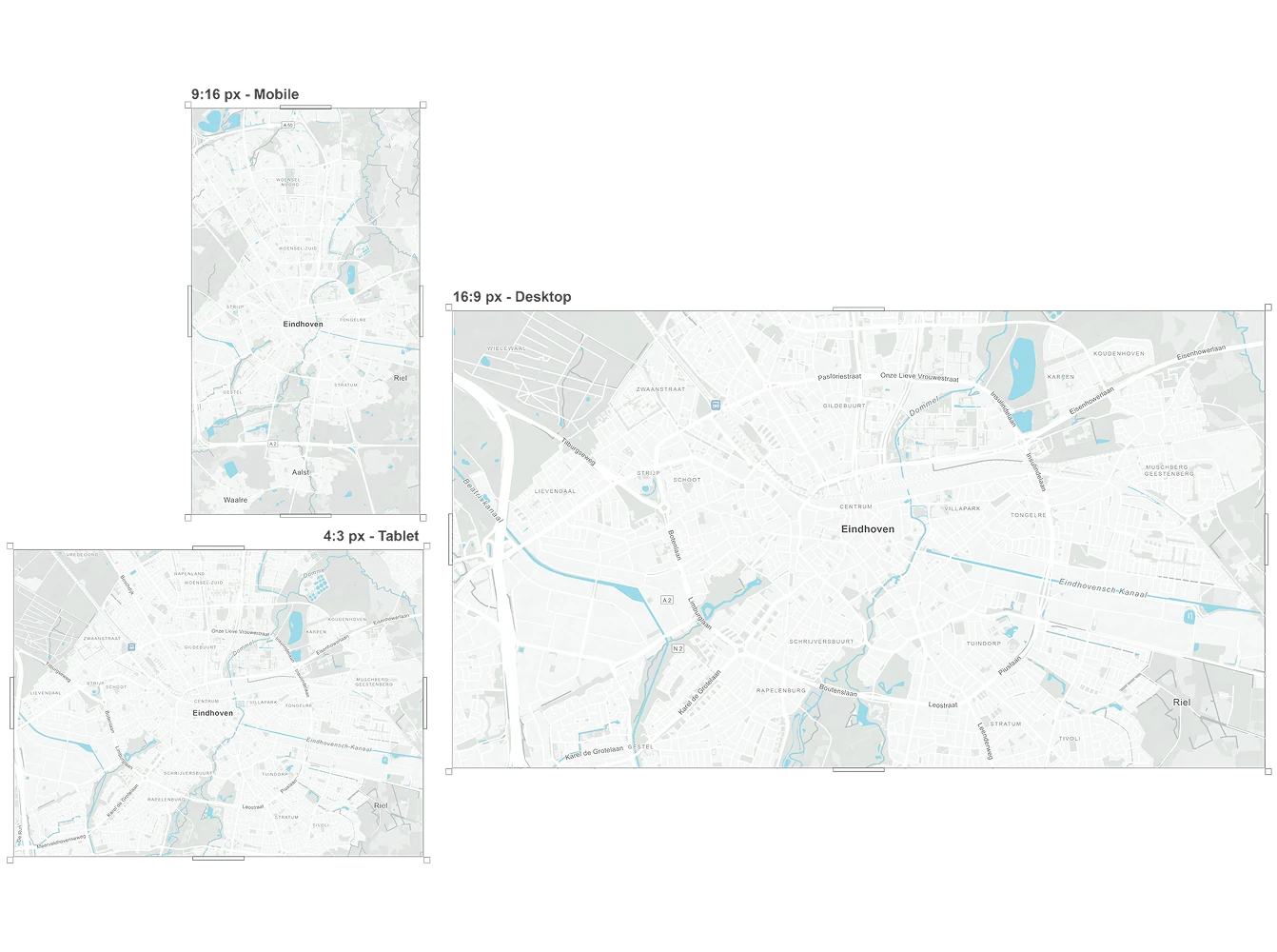 A comparison of the same city map displayed in different screen sizes for mobile, tablet, and desktop, demonstrating responsive map design.