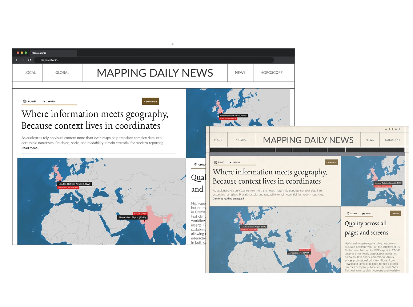 Multiple responsive webpage layouts for a news site titled “Mapping Daily News,” each displaying a world map with highlighted locations.