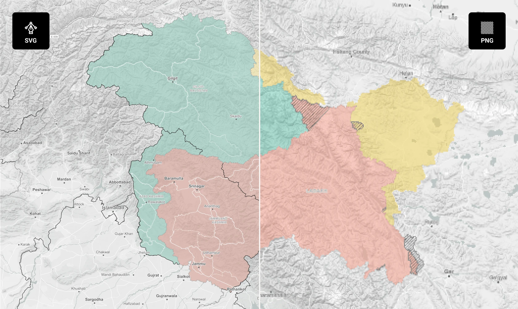 Unlike raster exports, SVG maps stay razor-sharp at any resolution. Zoom in, scale up, or repurpose the same map across print and digital formats without losing detail.