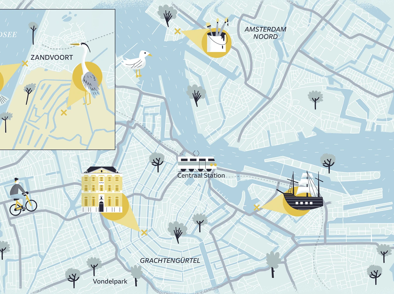 A stylized illustrated map of Amsterdam showing landmarks, canals, transportation icons, and highlighted areas such as the city center, Noord, and Zandvoort.