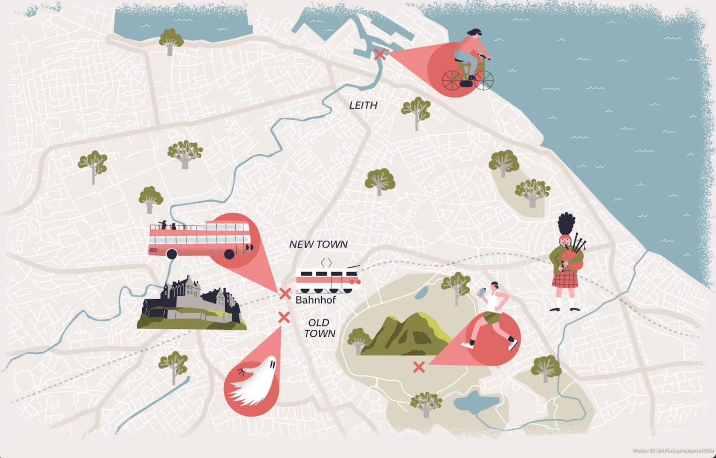 Illustrated map of Edinburgh highlighting neighborhoods like Leith and Old Town with icons showing landmarks, transport, and local activities such as cycling and hiking