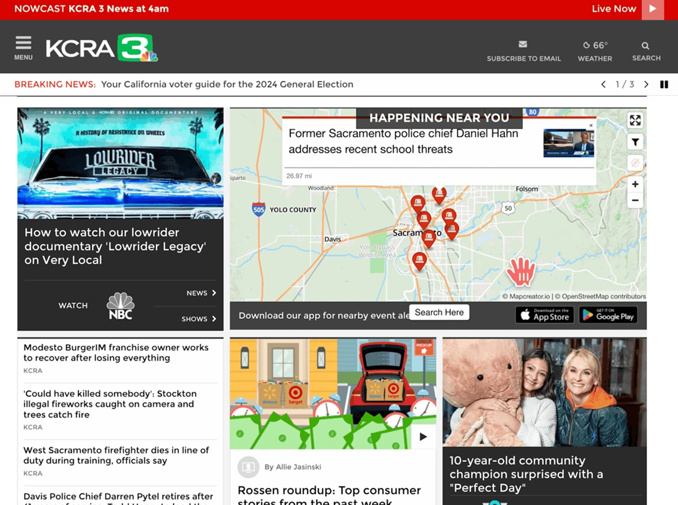 A regional news website showing breaking headlines and an interactive map with multiple alert markers indicating incidents in and around Sacramento.