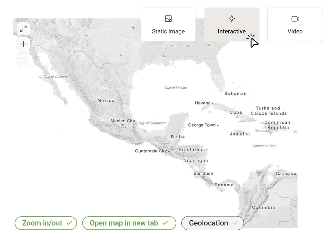 A map interface showing controls to switch between static image, interactive map, and video modes, with zoom and geolocation buttons visible over a regional map.