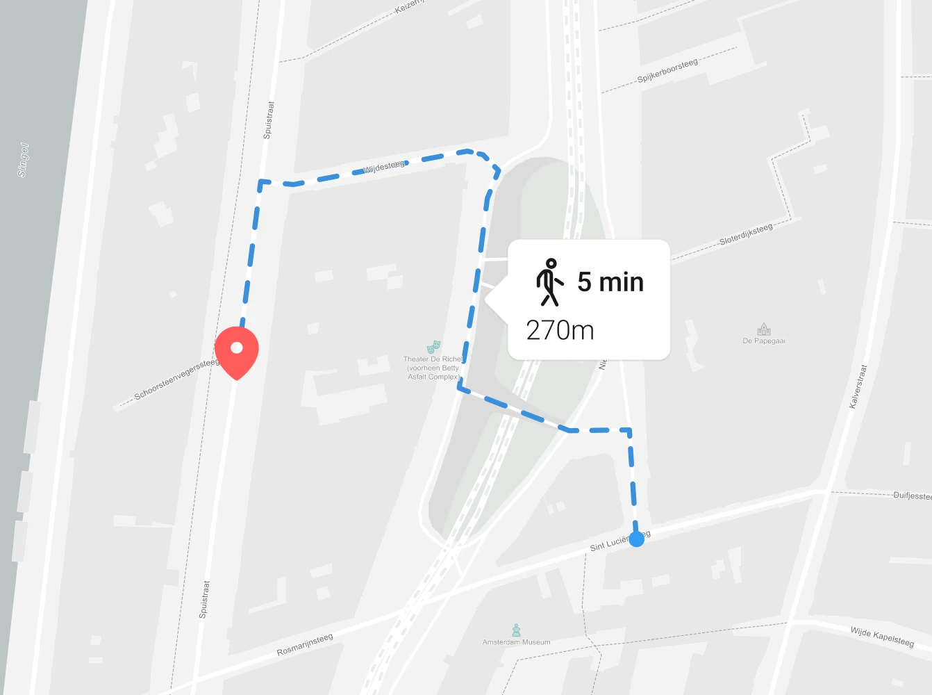 A simplified street map showing a short walking route marked with a dashed line, including an estimated walking time of five minutes and a distance of 270 meters.